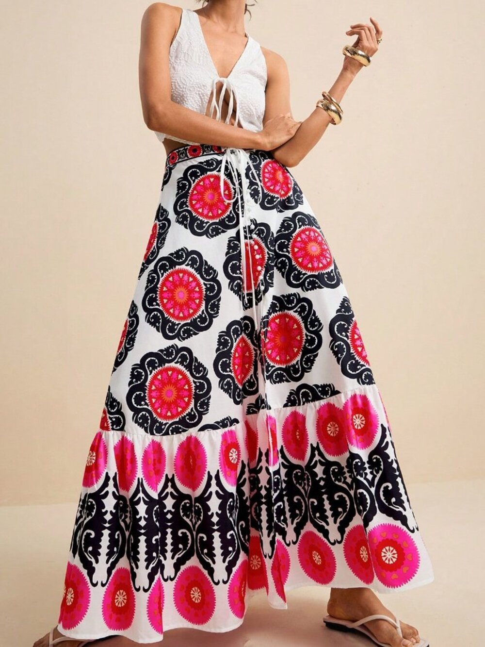 Multicolor Boho Women's Floral Print Twist Waist and High Slit Maxi Skirt - Picture 4 of 8